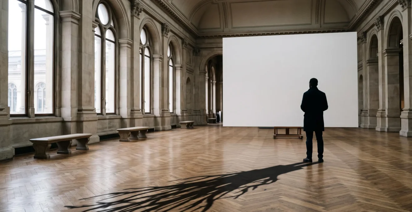Silhouette contemplant une toile monumentale dans une grande salle de musee bruxellois baignee de lumiere naturelle