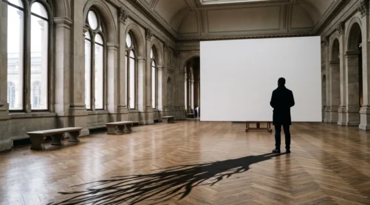 Silhouette contemplant une toile monumentale dans une grande salle de musee bruxellois baignee de lumiere naturelle