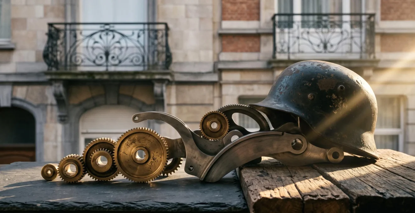 Composition symbolique évoquant la fusion entre engrenages industriels et formes guerrières, sur fond de ferronnerie Art nouveau bruxelloise, illustrant l'esprit du futurisme du début du 20e siècle