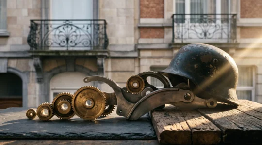 Composition symbolique évoquant la fusion entre engrenages industriels et formes guerrières, sur fond de ferronnerie Art nouveau bruxelloise, illustrant l'esprit du futurisme du début du 20e siècle