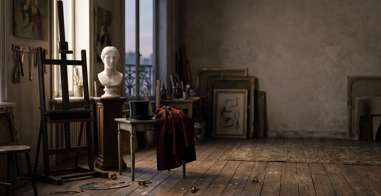 Scene symbolique d'un atelier de peintre parisien du XIXe siecle melant references classiques et vie moderne, evoquant la rupture artistique de Manet
