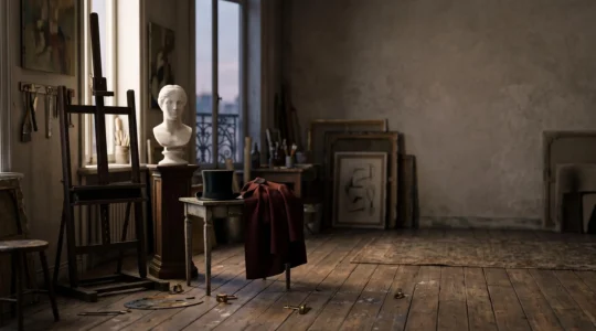 Scene symbolique d'un atelier de peintre parisien du XIXe siecle melant references classiques et vie moderne, evoquant la rupture artistique de Manet