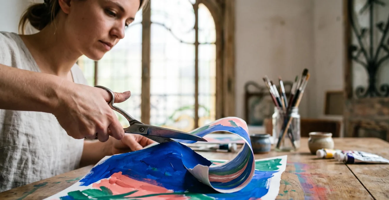 Une main d'artiste découpant un papier gouaché de couleur vive, symbolisant la genèse de la couleur pure chez Matisse