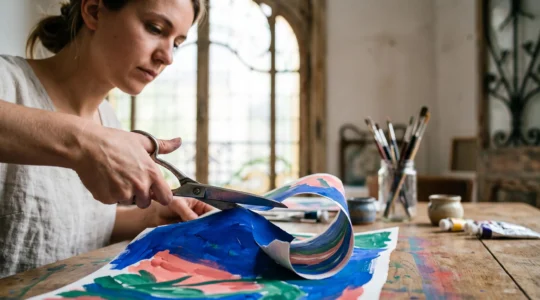 Une main d'artiste découpant un papier gouaché de couleur vive, symbolisant la genèse de la couleur pure chez Matisse
