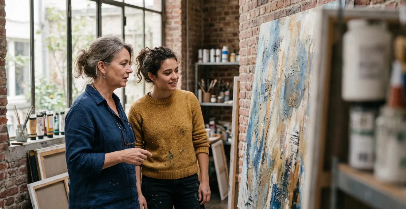 Un artiste mentor en pleine discussion avec un jeune créateur dans un atelier lumineux en Belgique