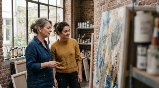 Un artiste mentor en pleine discussion avec un jeune créateur dans un atelier lumineux en Belgique