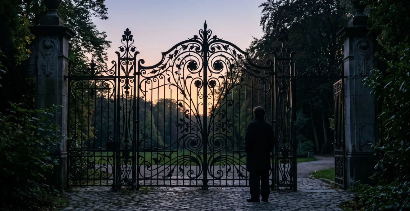 Silhouette contemplant un portail en fer forgé Art Nouveau au crépuscule à Bruxelles, symbole d'un message visuel universel