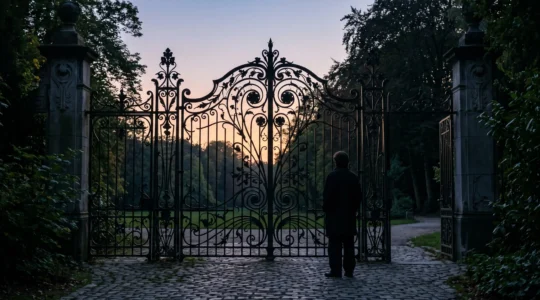 Silhouette contemplant un portail en fer forgé Art Nouveau au crépuscule à Bruxelles, symbole d'un message visuel universel
