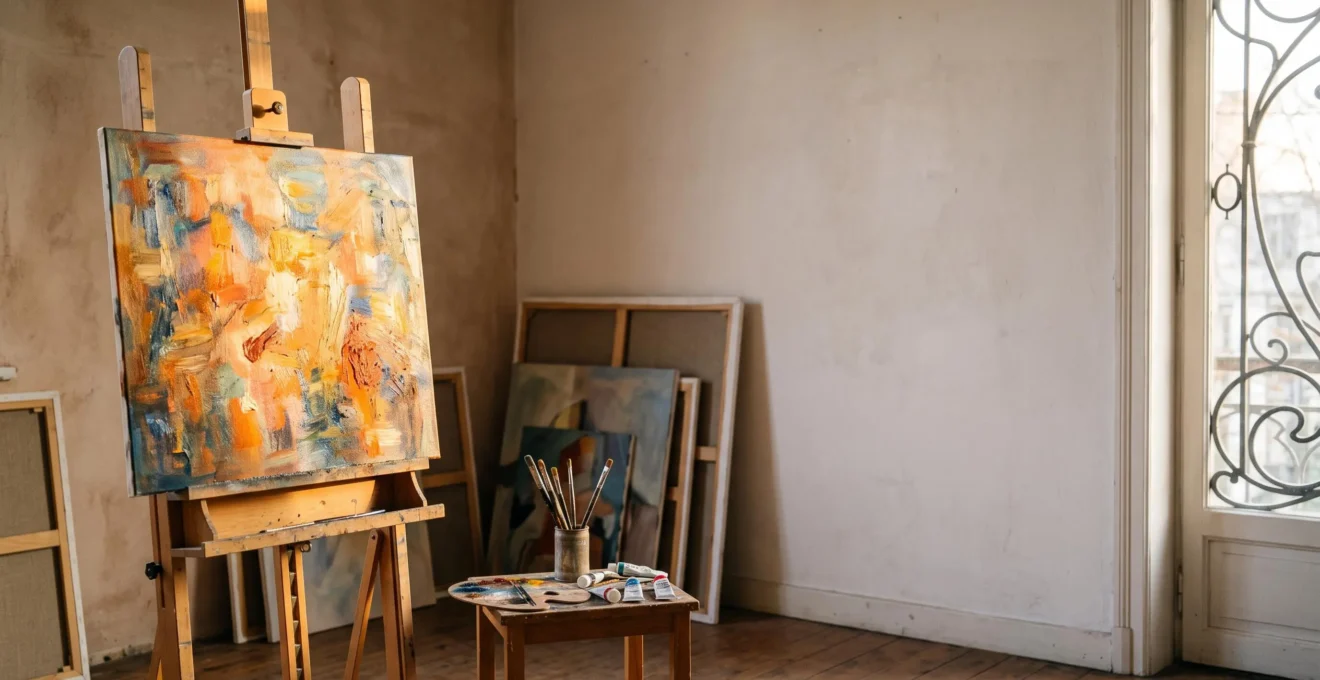Atelier d'artiste evoquant symboliquement la naissance et l'extinction rapide des mouvements artistiques modernes