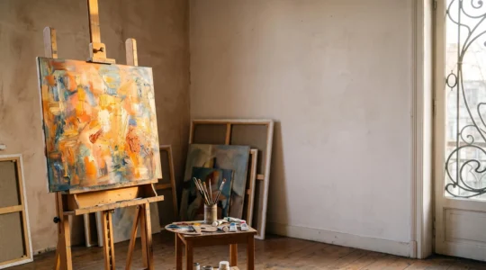 Atelier d'artiste evoquant symboliquement la naissance et l'extinction rapide des mouvements artistiques modernes