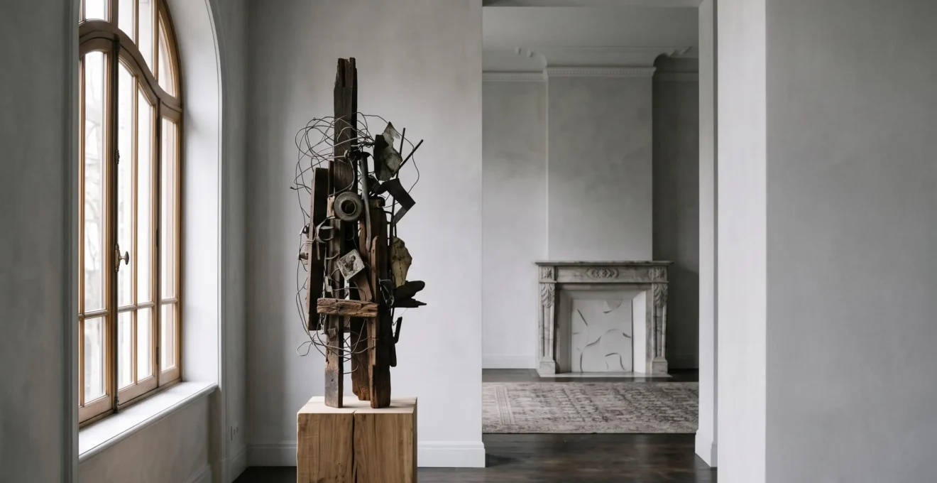 Sculpture d'art brut en matériaux bruts posée dans une pièce baignée de lumière naturelle, évoquant la tension entre marginalité et reconnaissance artistique