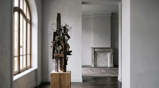 Sculpture d'art brut en matériaux bruts posée dans une pièce baignée de lumière naturelle, évoquant la tension entre marginalité et reconnaissance artistique