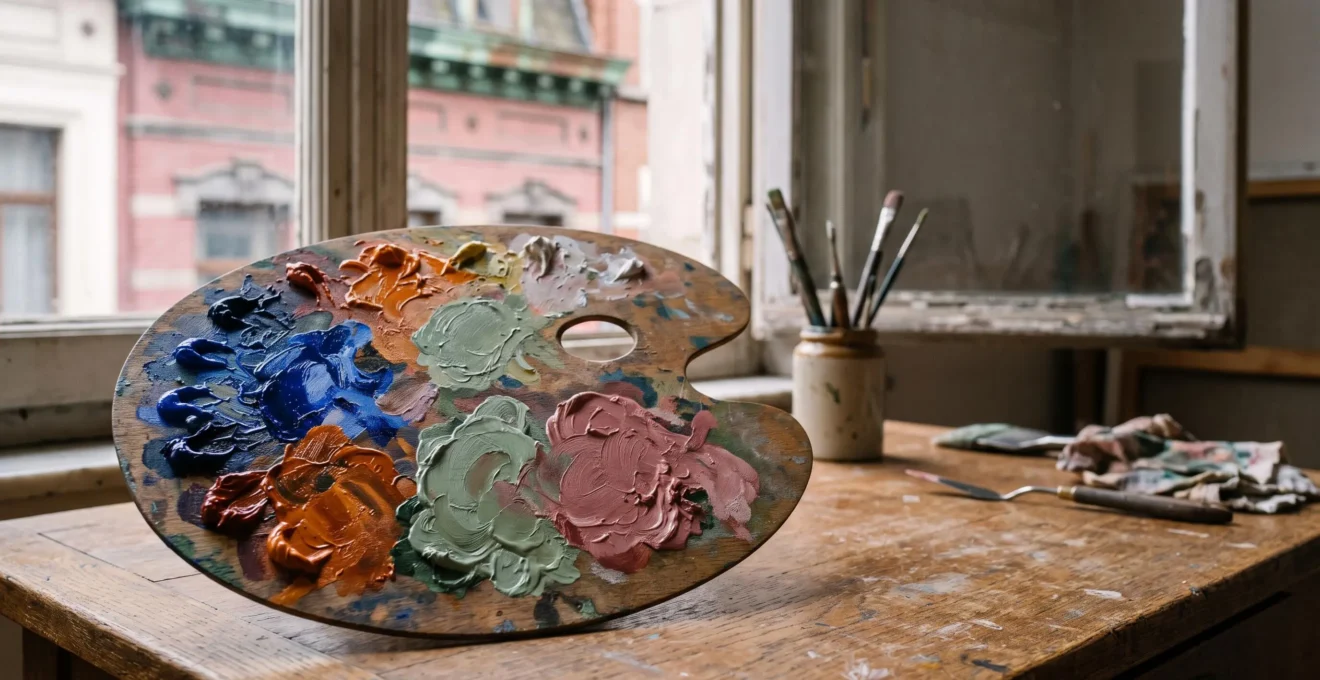 Palette de peintre chargée de couleurs complémentaires et discordantes, évoquant l'architecture bruxelloise en arrière-plan