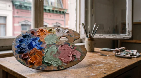 Palette de peintre chargée de couleurs complémentaires et discordantes, évoquant l'architecture bruxelloise en arrière-plan
