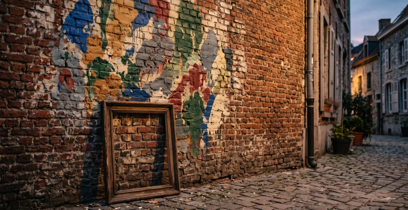 Fresque de street art sur une façade de brique bruxelloise, mise en regard avec un cadre vide évoquant le passage vers la galerie