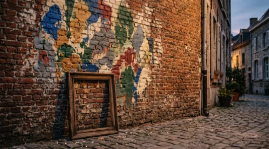 Fresque de street art sur une façade de brique bruxelloise, mise en regard avec un cadre vide évoquant le passage vers la galerie