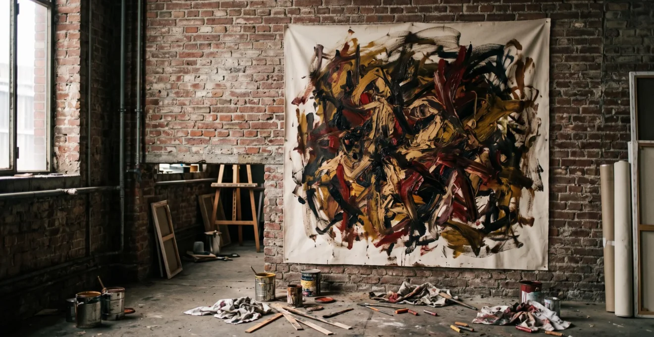 Toile aux gestes picturaux violents et expressifs dans un atelier d'artiste, symbole du retour de la peinture figurative brutale dans les annees 1980