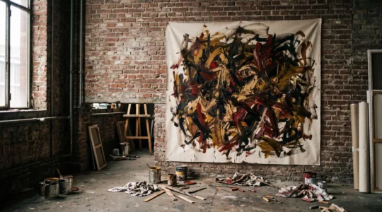 Toile aux gestes picturaux violents et expressifs dans un atelier d'artiste, symbole du retour de la peinture figurative brutale dans les annees 1980