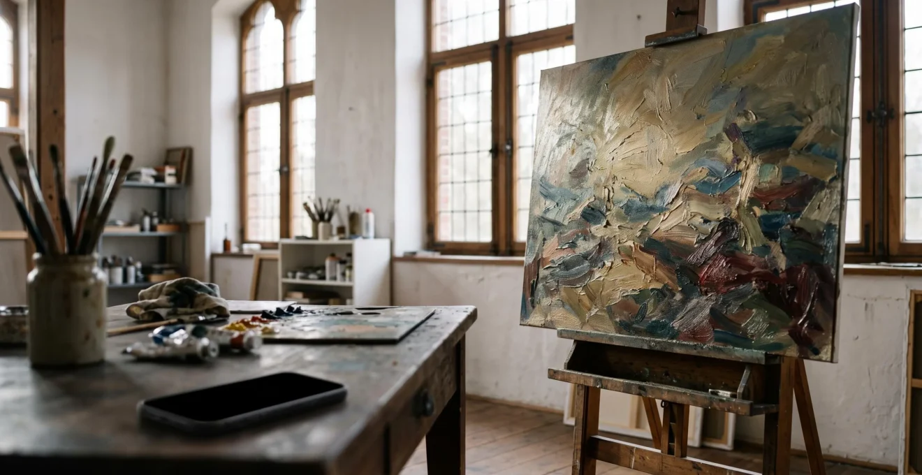 Toile à l'huile texturée éclairée par une lumière naturelle douce, évoquant la permanence de la peinture face au numérique