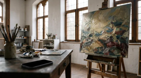 Toile à l'huile texturée éclairée par une lumière naturelle douce, évoquant la permanence de la peinture face au numérique