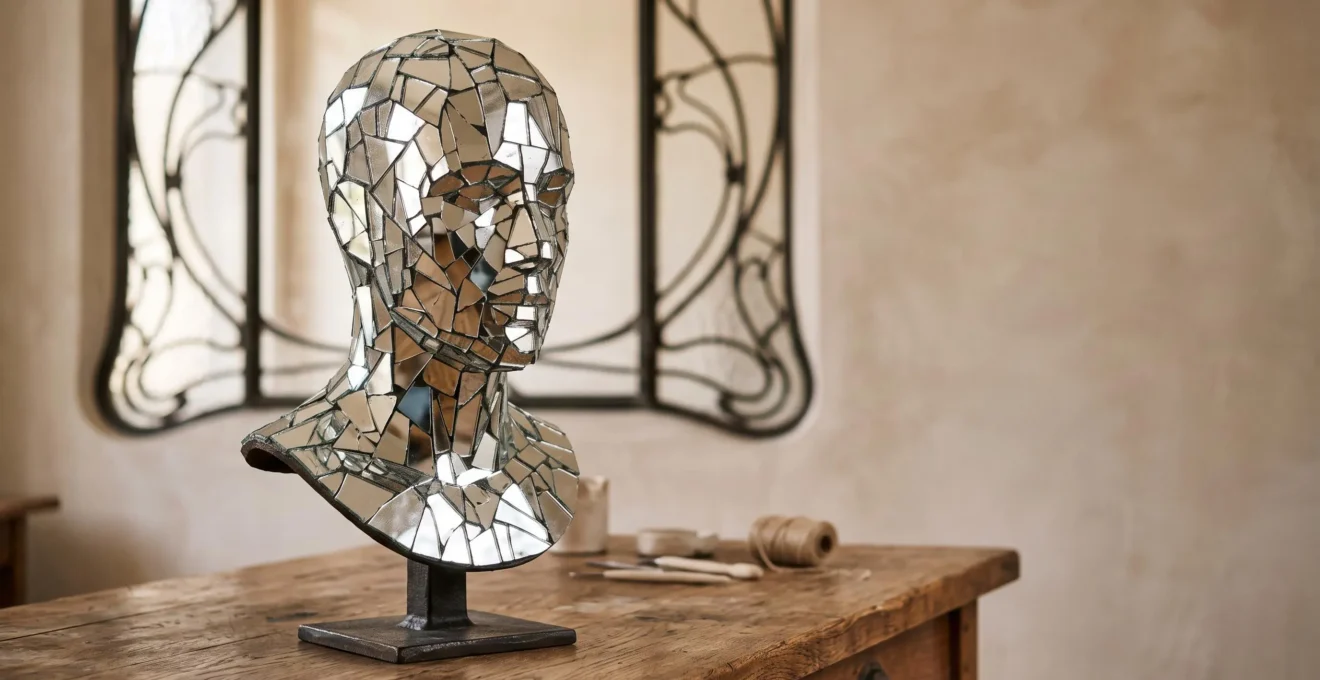 Composition symbolique évoquant la fragmentation cubiste et l'héritage artistique de Picasso, avec un clin d'œil discret à l'architecture Art nouveau bruxelloise