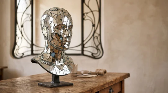 Composition symbolique évoquant la fragmentation cubiste et l'héritage artistique de Picasso, avec un clin d'œil discret à l'architecture Art nouveau bruxelloise