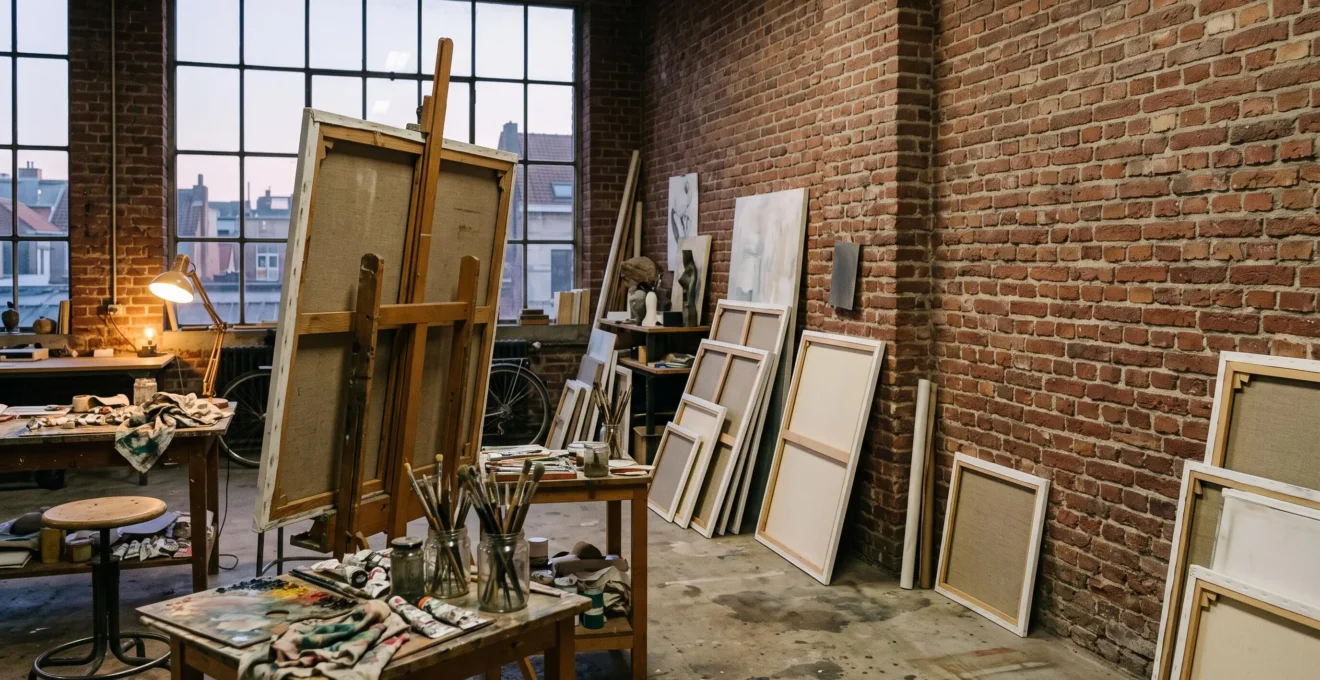 Atelier d'artiste belge à la lumière du nord, entre désordre créatif et structure naissante