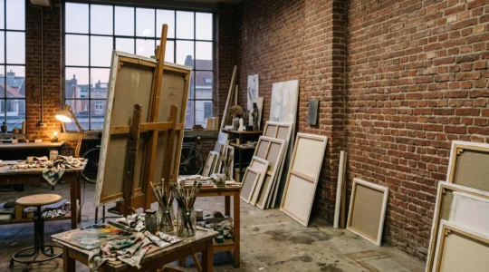 Atelier d'artiste belge à la lumière du nord, entre désordre créatif et structure naissante