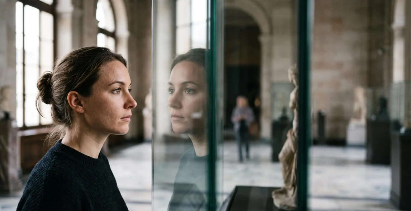 Portrait d'un visiteur reflété en double profil dans une vitrine de musée, évoquant la vision simultanée du cubisme