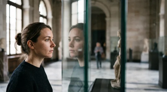 Portrait d'un visiteur reflété en double profil dans une vitrine de musée, évoquant la vision simultanée du cubisme