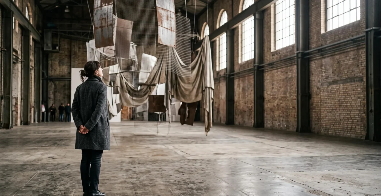 Silhouette d'un visiteur face à une grande installation d'art contemporain dans un espace industriel réhabilité, évoquant les lieux d'exposition bruxellois