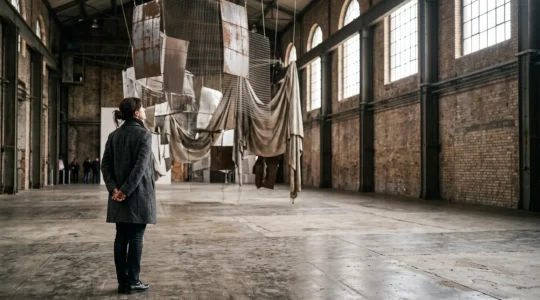 Silhouette d'un visiteur face à une grande installation d'art contemporain dans un espace industriel réhabilité, évoquant les lieux d'exposition bruxellois