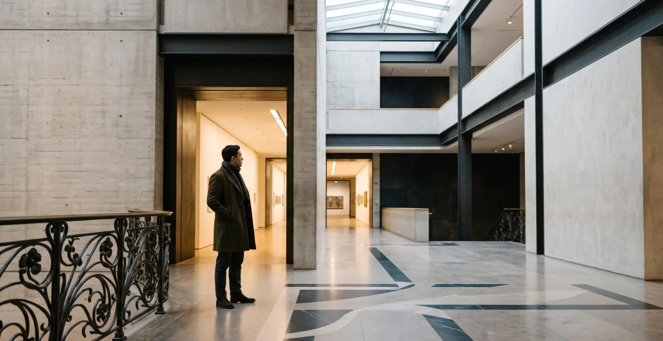 Visiteur seul contemplant une vaste salle de musée d'art moderne baignée de lumière naturelle, symbolisant le choix entre plusieurs grandes institutions