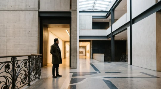 Visiteur seul contemplant une vaste salle de musée d'art moderne baignée de lumière naturelle, symbolisant le choix entre plusieurs grandes institutions